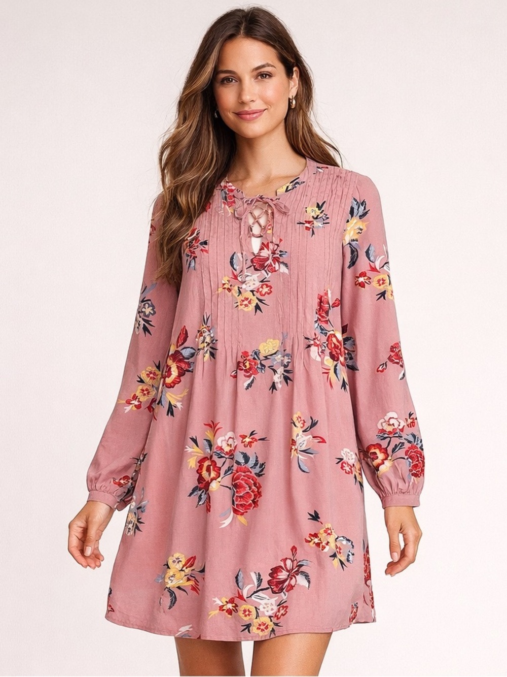 Old Navy Pink Floral Lace Up Yoke Swing Dress Boho Peasant Size L
